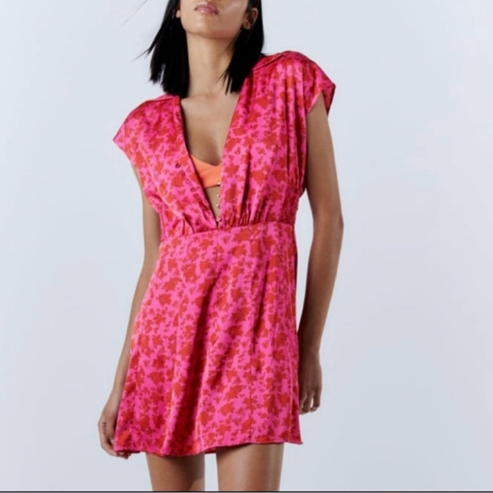 Zara women’s pink and red floral satin print sleeveless mini dress size xs